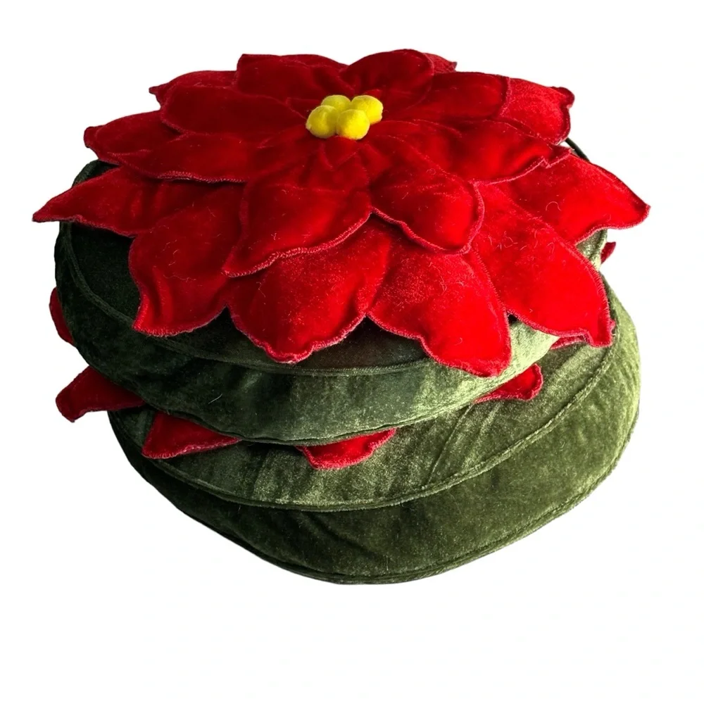 MCM Set 2 Christmas Poinsettia Throw Pillows Velour Velveteen Yellow Ball Fringe